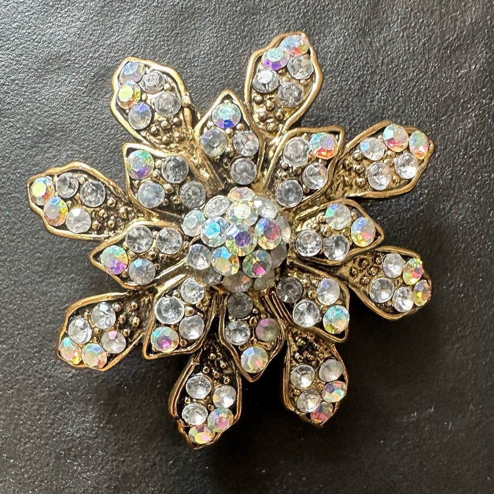 Vintage Flower Brooch Iridescent Rhinestones Gold Tone Metal